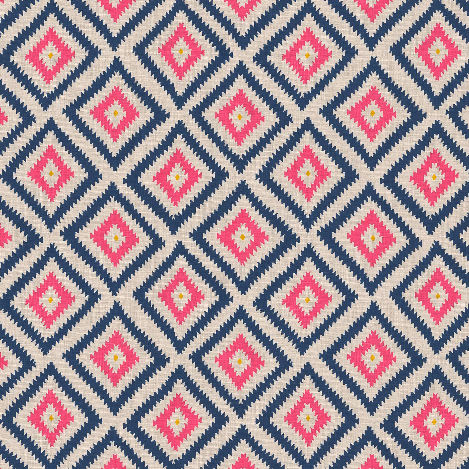 Cream fabric with repeating navy diamonds, vivid pink centres and yellow woven accents
