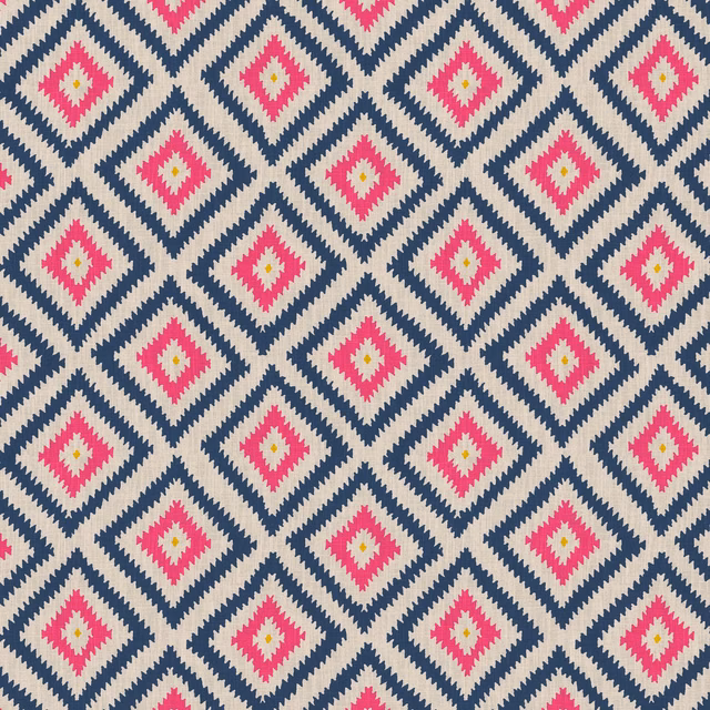 Cream fabric with repeating navy diamonds, vivid pink centres and yellow woven accents