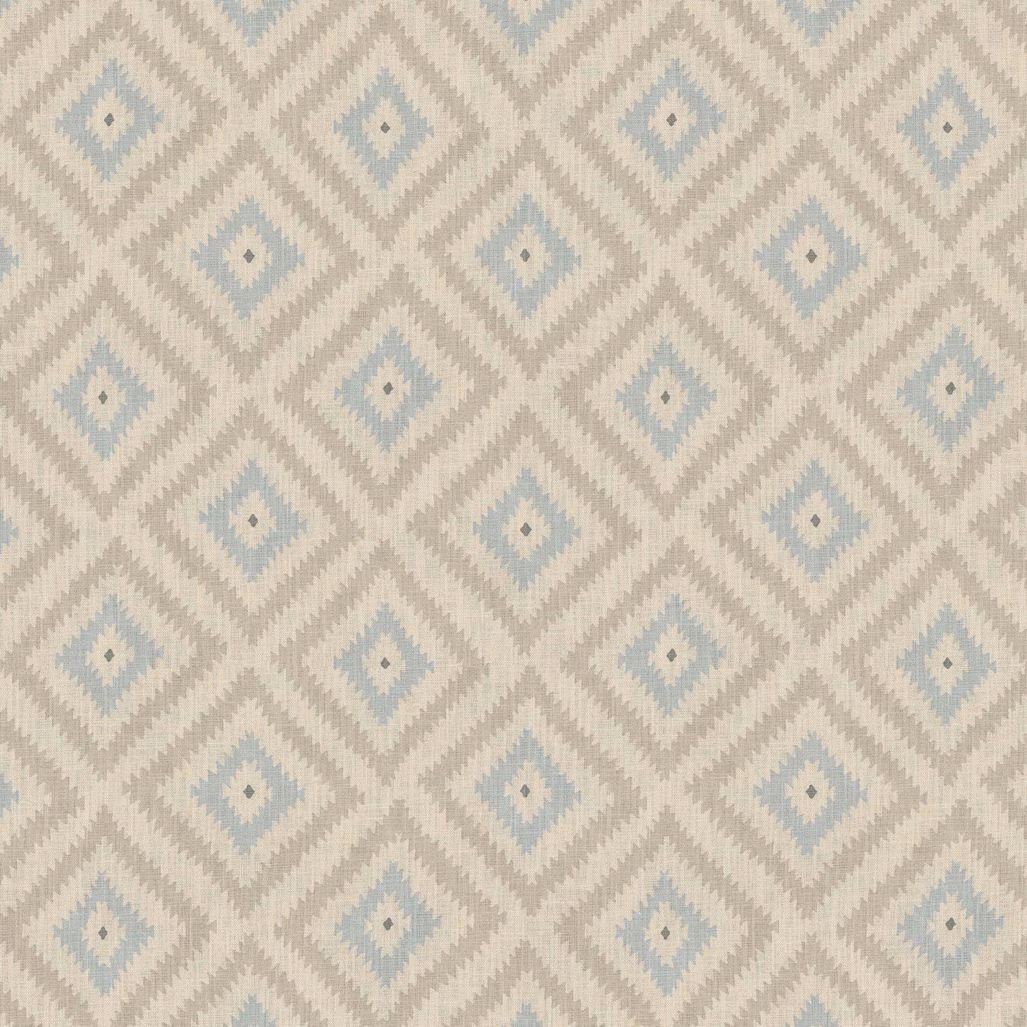 Pale cream woven fabric with powder-blue diamond motifs and zigzag texture