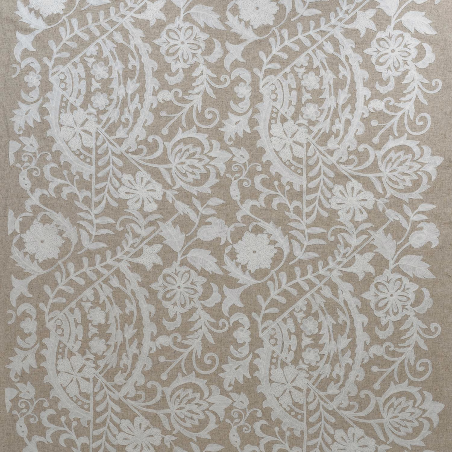 Ivory floral embroidery with curling stems on a warm taupe-grey woven ground