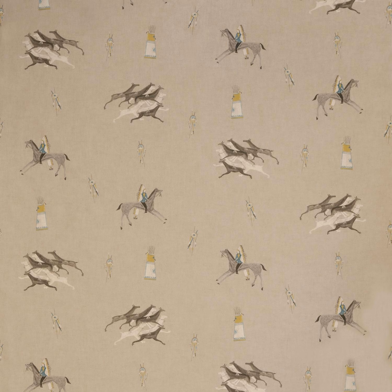 Warm beige fabric with mounted figures, running animals and muted teal and ochre details