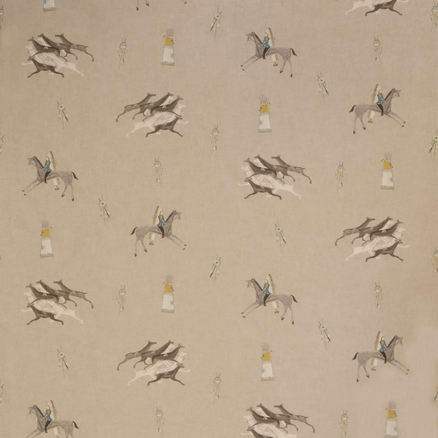Warm beige fabric with mounted figures, running animals and muted teal and ochre details