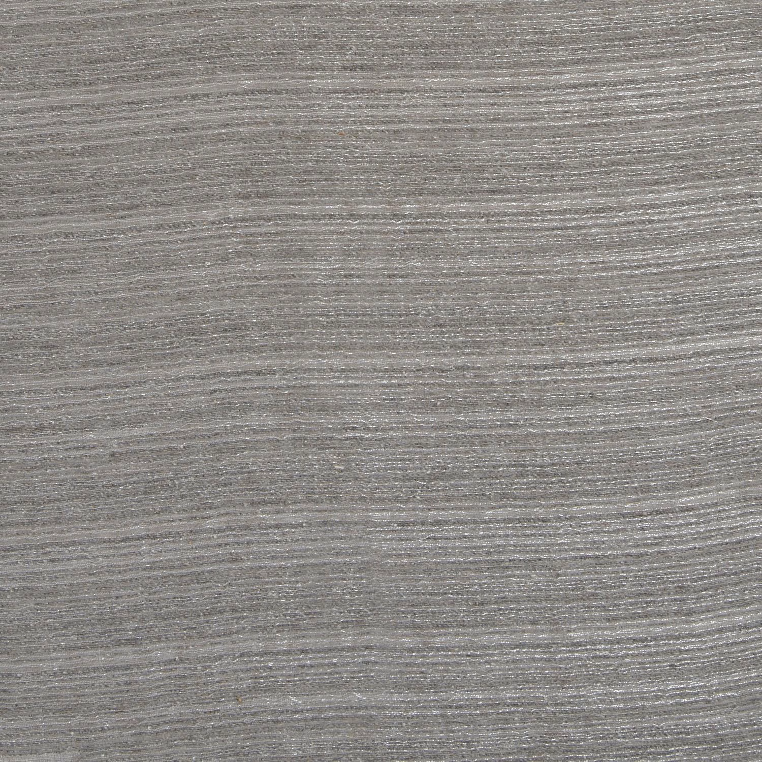 Close-up of cool pewter grey fabric with fine horizontal striations and subtle sheen