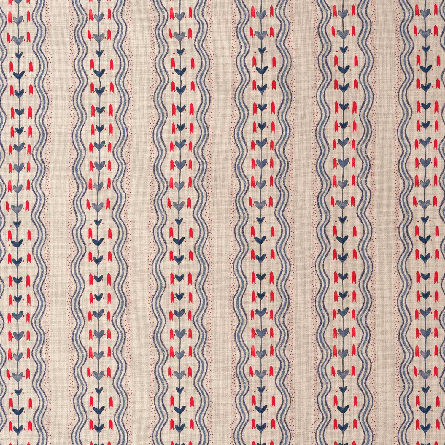 Cream-beige fabric with denim-blue wavy stripes and repeated small red floral motifs