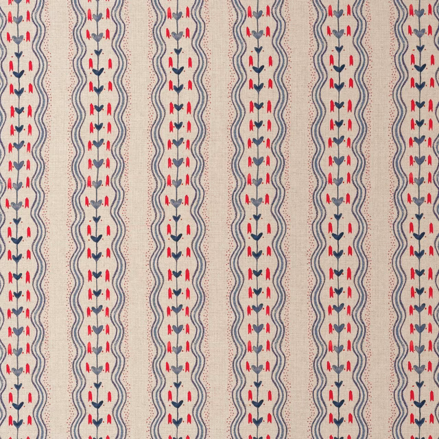 Cream-beige fabric with denim-blue wavy stripes and repeated small red floral motifs