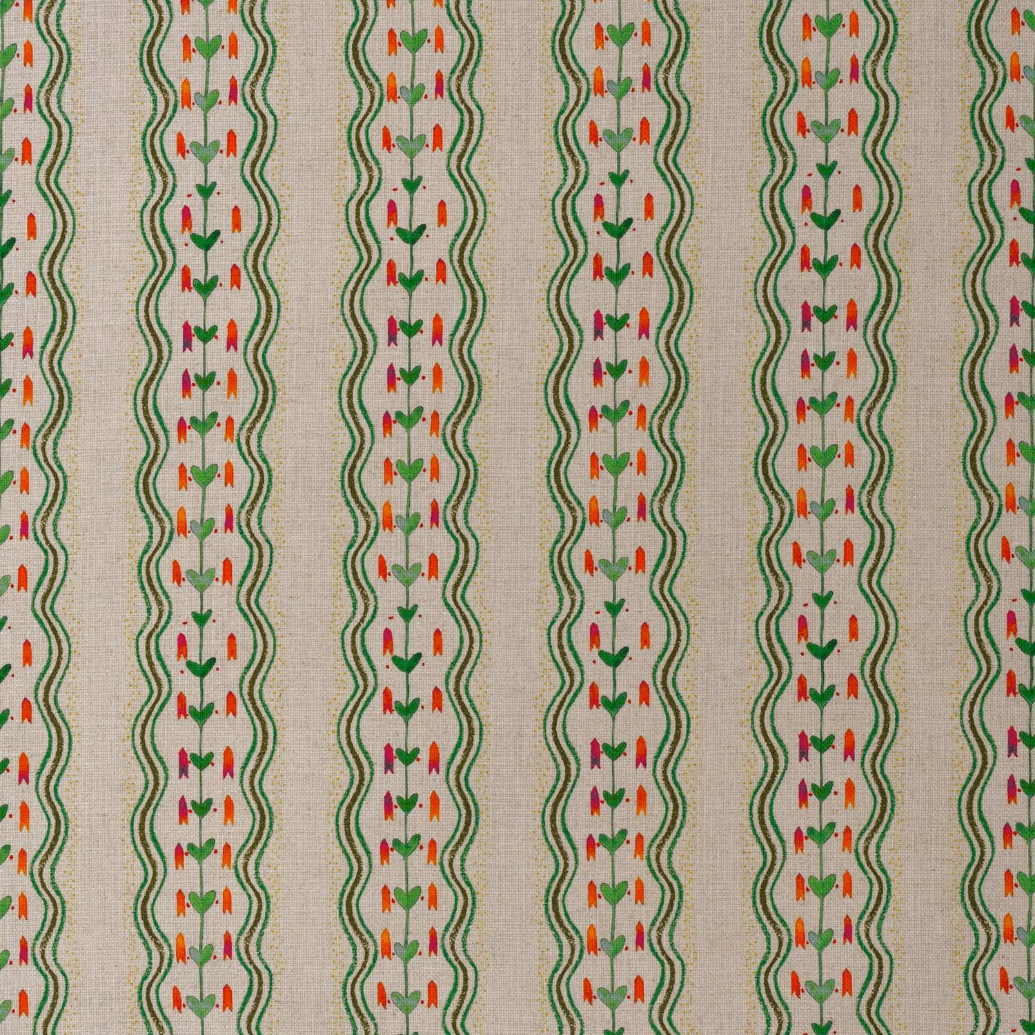 Emerald green wavy stripes with red, orange and purple sprigs on a beige ground
