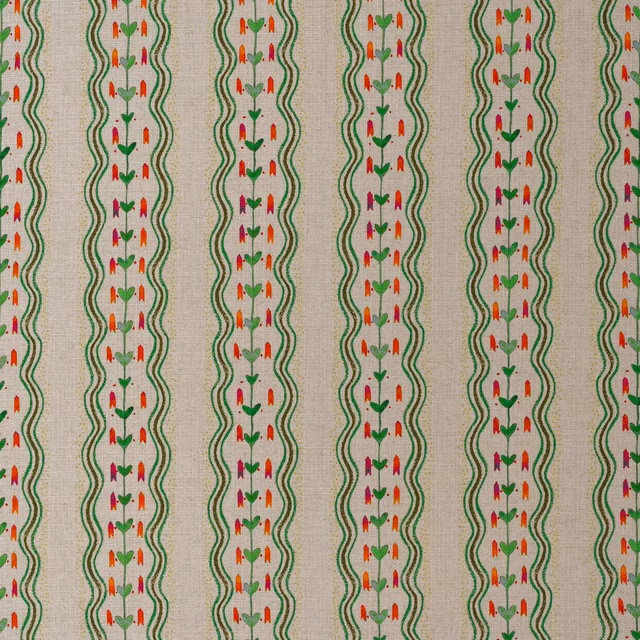 Emerald green wavy stripes with red, orange and purple sprigs on a beige ground