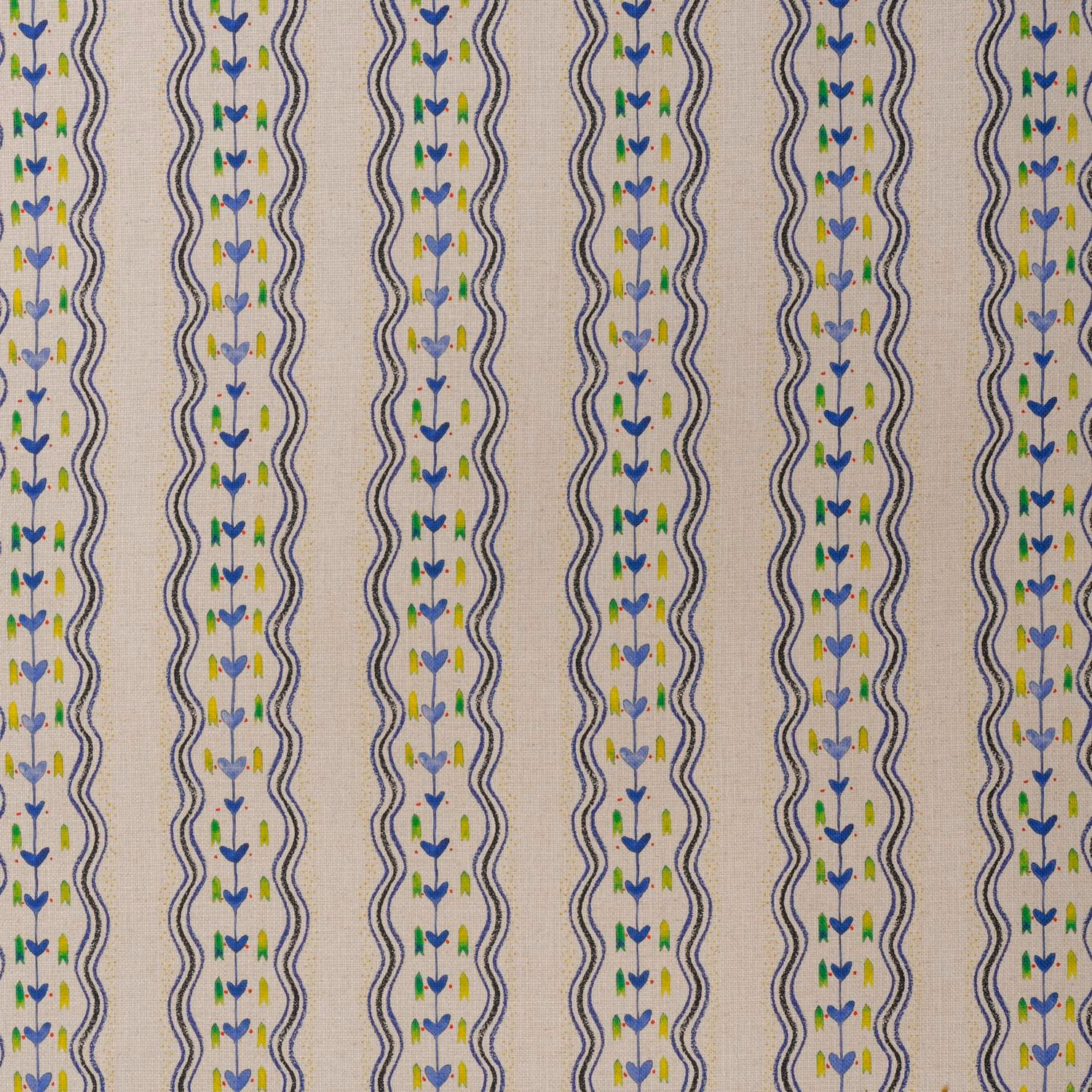 Oatmeal fabric with indigo wavy stripes and tiny multicoloured botanical motifs