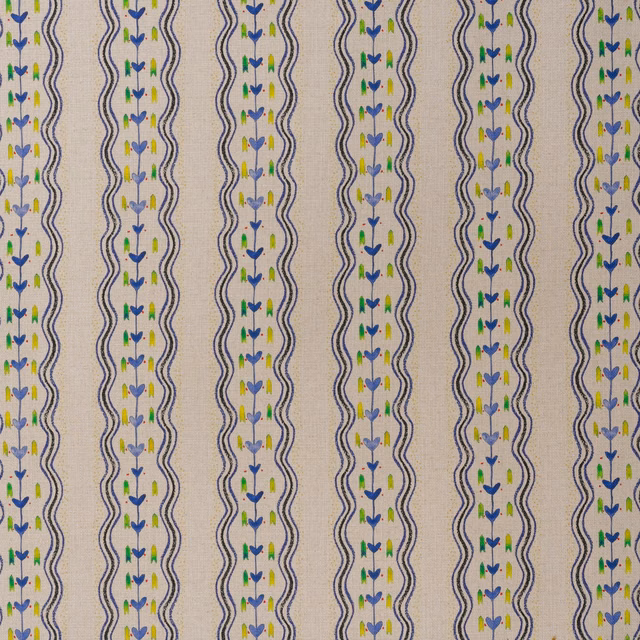 Oatmeal fabric with indigo wavy stripes and tiny multicoloured botanical motifs