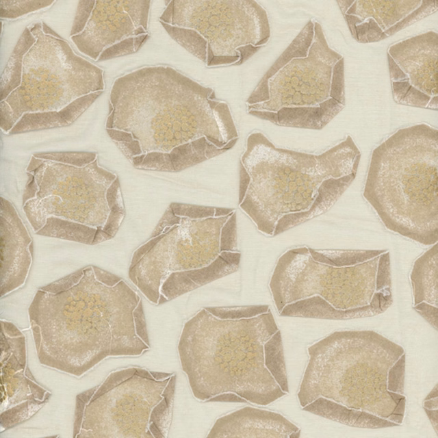 Pale cream fabric with taupe stone-like motifs and subtle woven texture