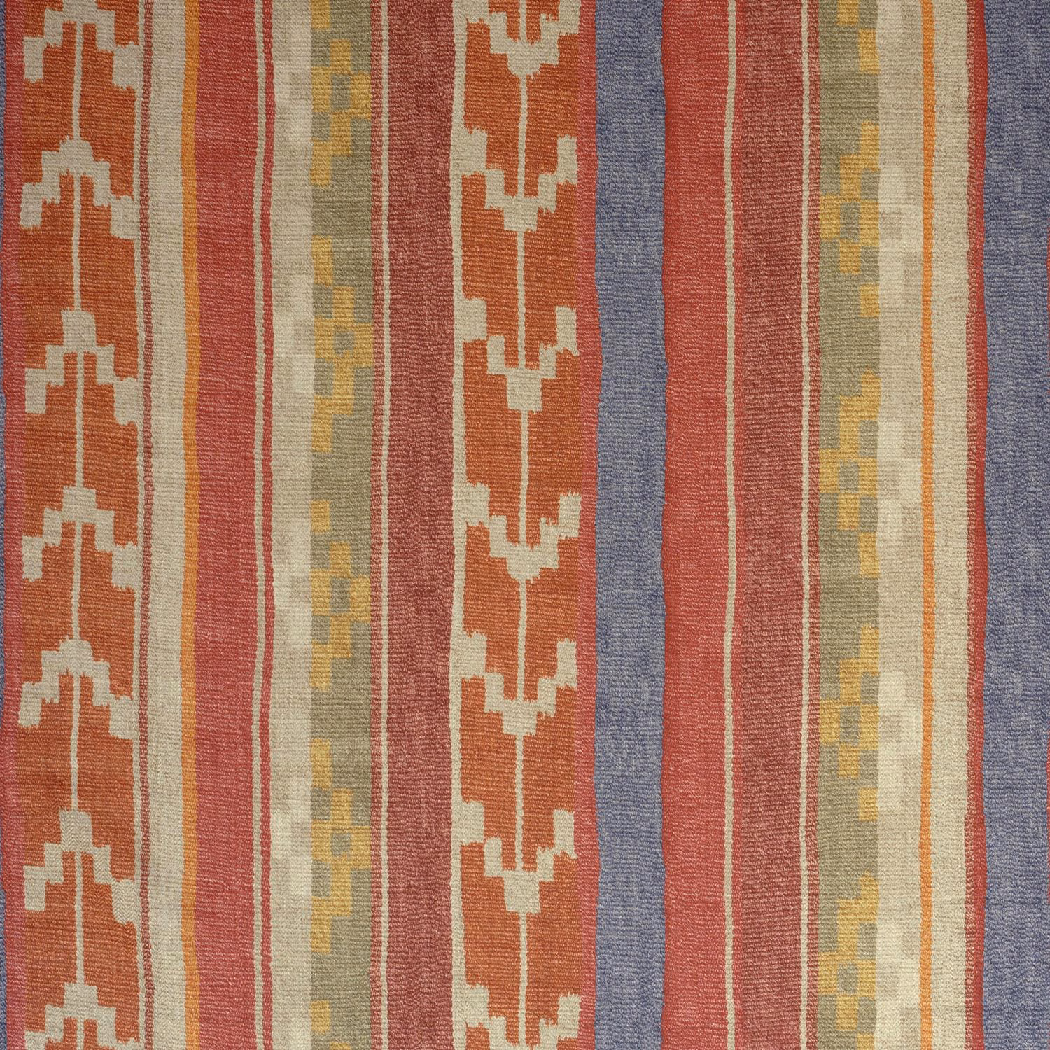 Brick terracotta, blue-grey and olive stripes with cream geometric motifs in a woven texture