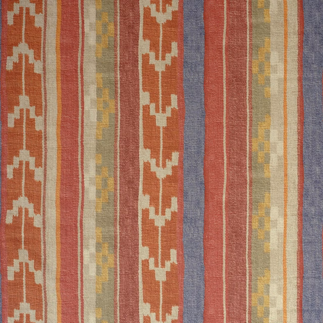 Brick terracotta, blue-grey and olive stripes with cream geometric motifs in a woven texture