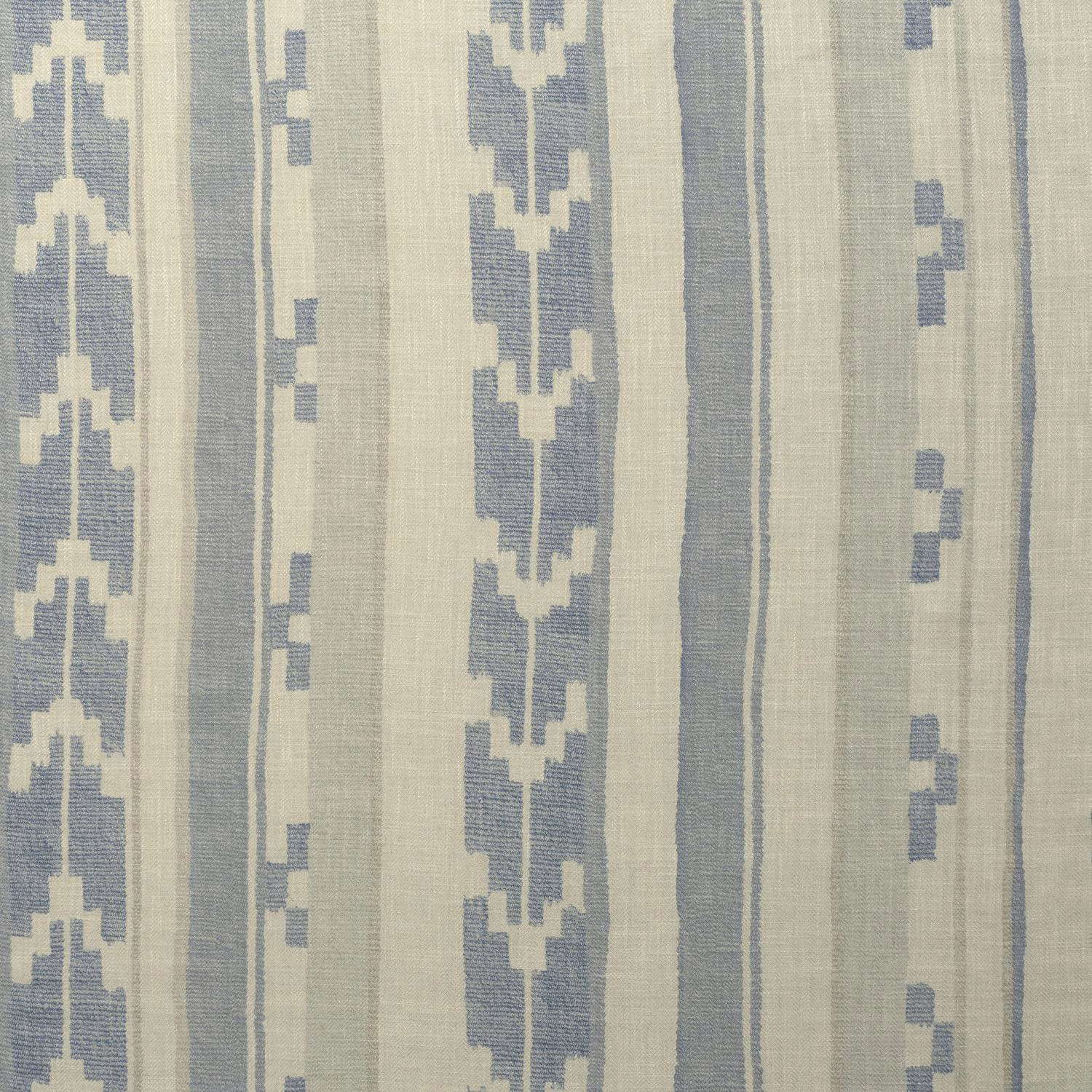 Muted denim-blue and cream woven stripes with stepped geometric motifs