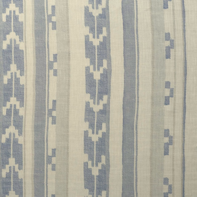 Muted denim-blue and cream woven stripes with stepped geometric motifs