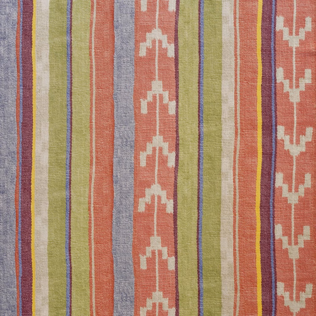 Coral, olive and blue vertical stripes with cream stepped motifs in a textured weave