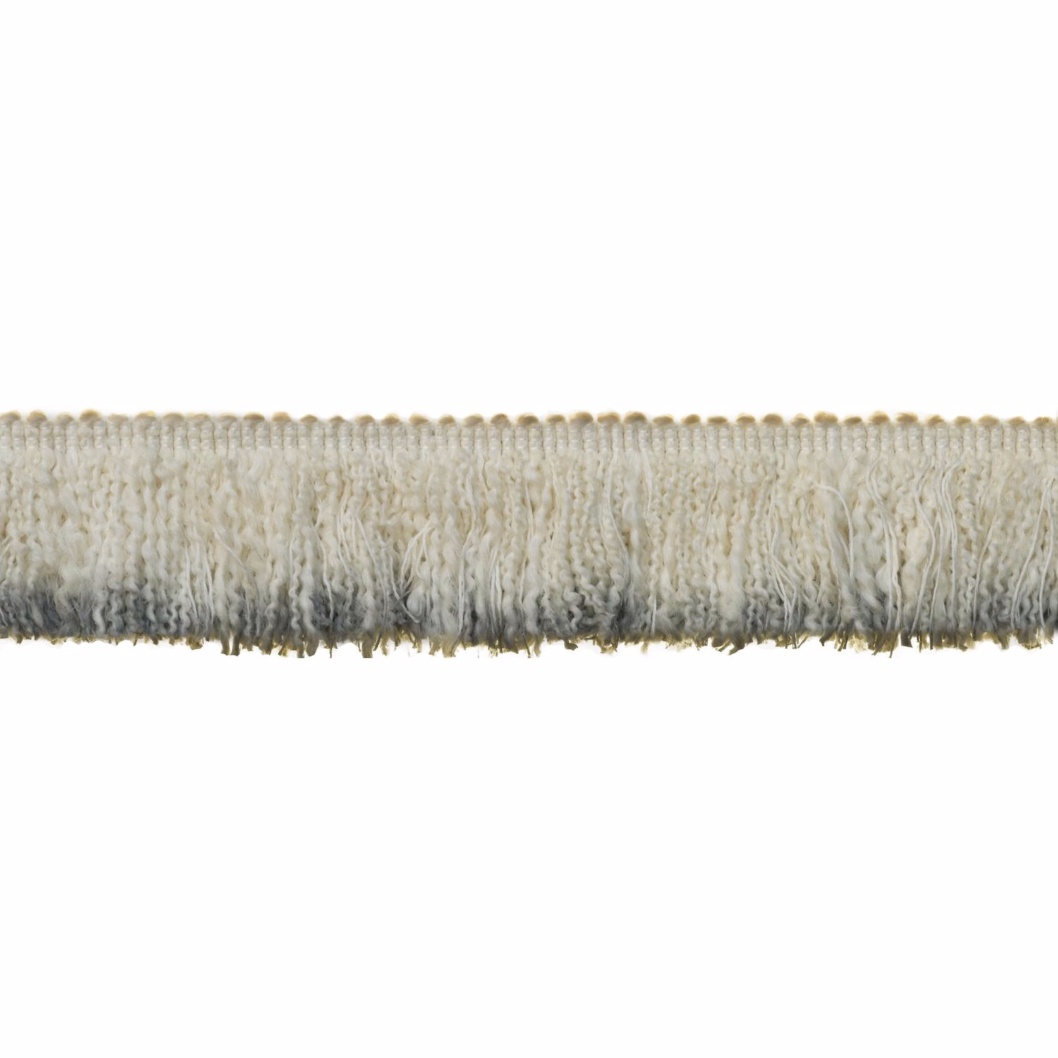 Soft ivory-grey fringe trim with dense, irregular hanging threads and grey shadowing