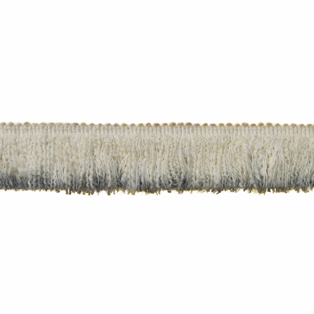 Soft ivory-grey fringe trim with dense, irregular hanging threads and grey shadowing