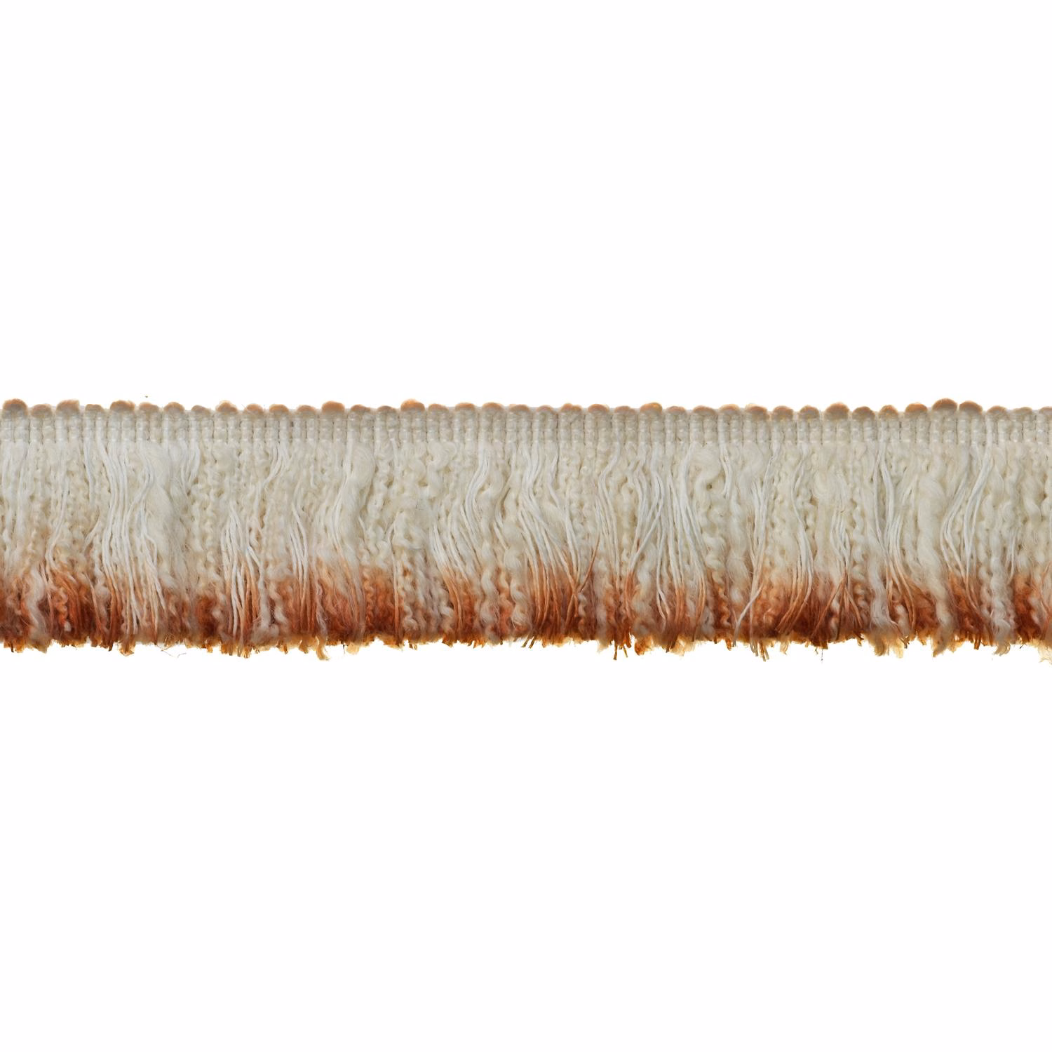 Ivory fringe trim with uneven rust-brown tips and softly waved fibres