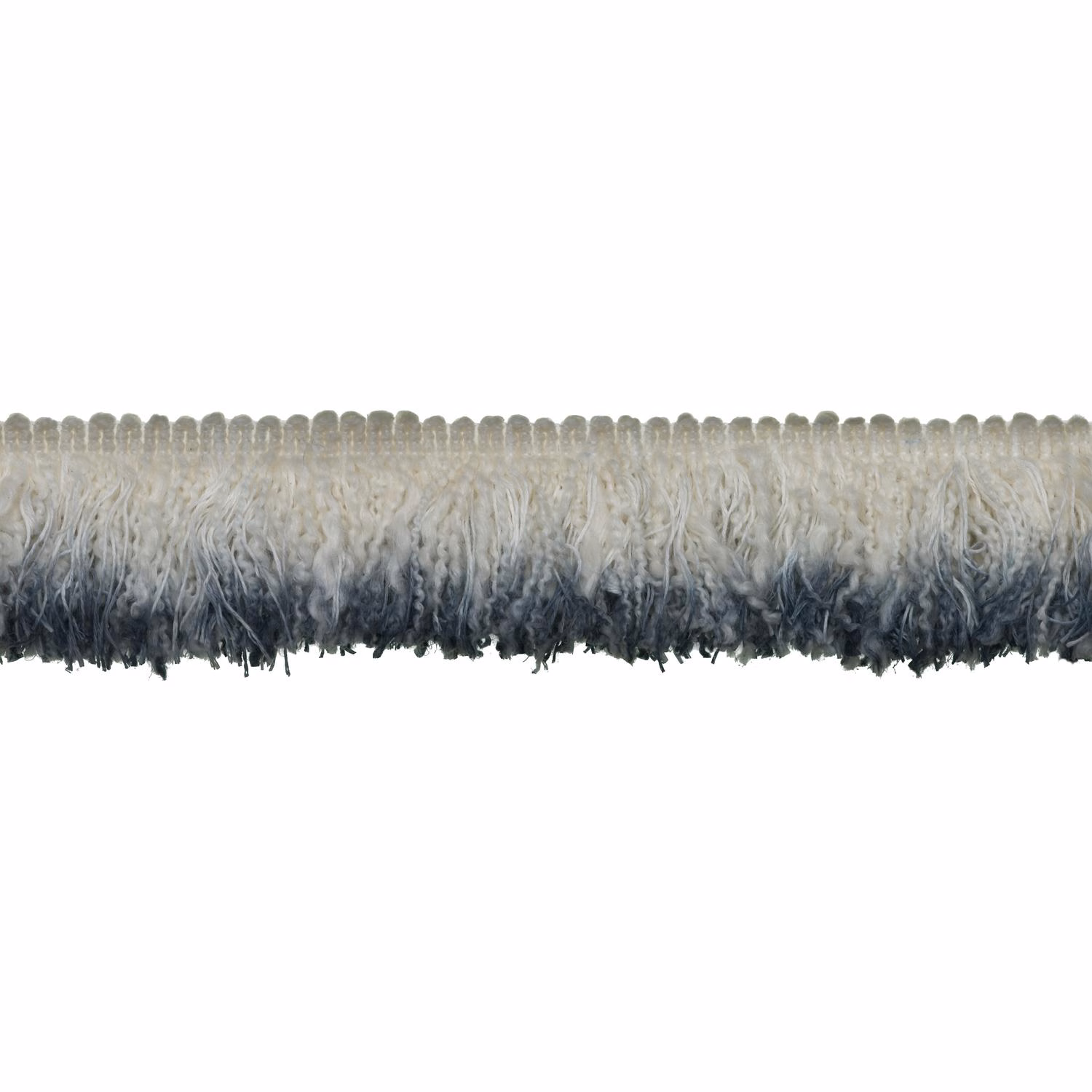 Ivory-grey looped fringe fading into shaggy denim-blue tassels