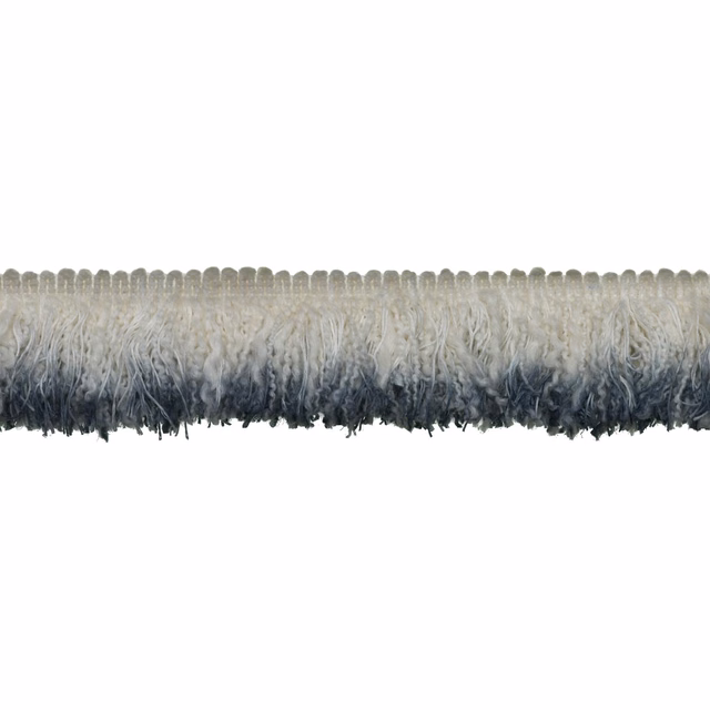 Ivory-grey looped fringe fading into shaggy denim-blue tassels