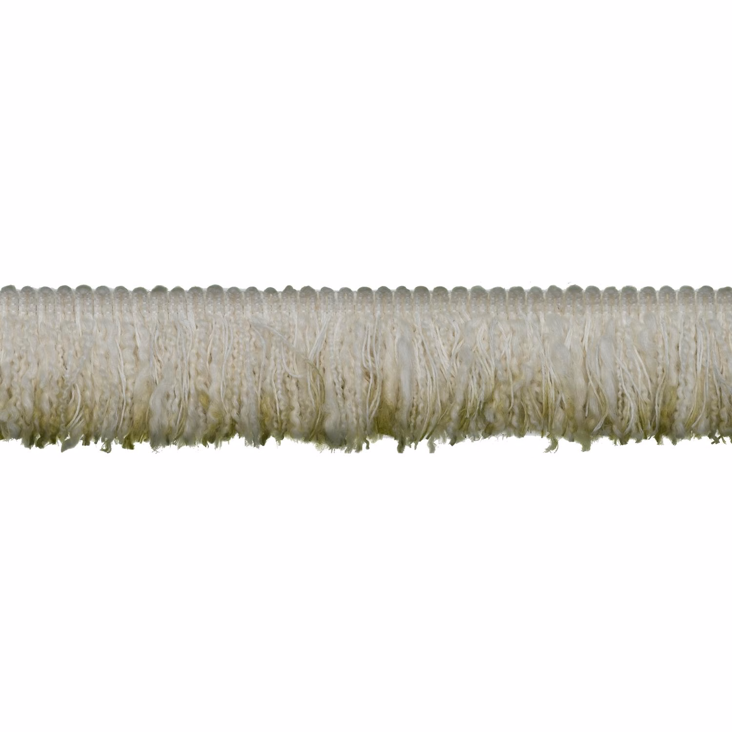 Pale ivory fringe trim with smoky grey and olive-green tasselled strands