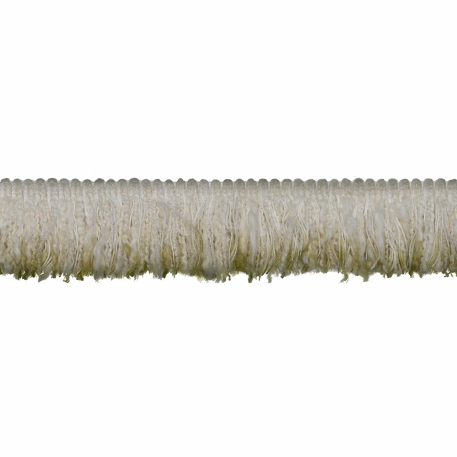Pale ivory fringe trim with smoky grey and olive-green tasselled strands