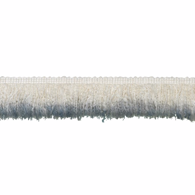 Pale sky-blue and ivory fringe trim with a soft, shaggy textured edge