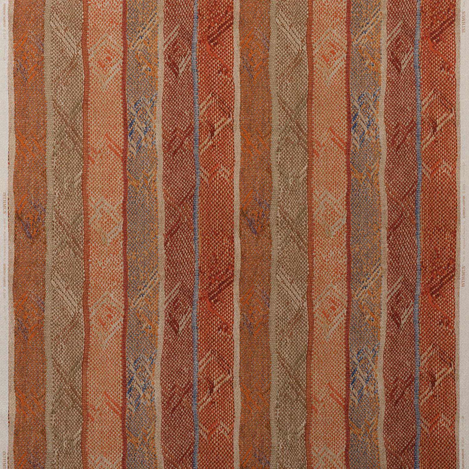 Brick and chocolate woven stripe with blue lines and angular geometric motifs