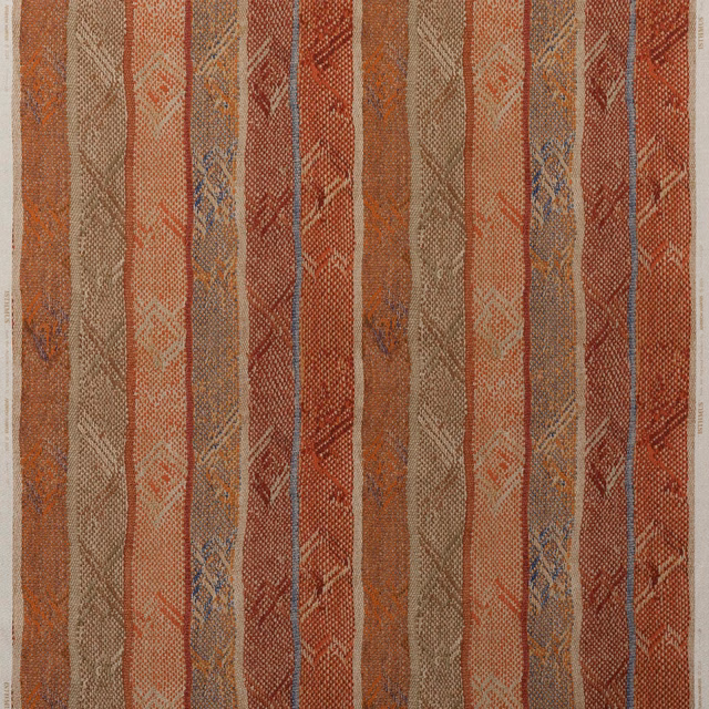 Brick and chocolate woven stripe with blue lines and angular geometric motifs