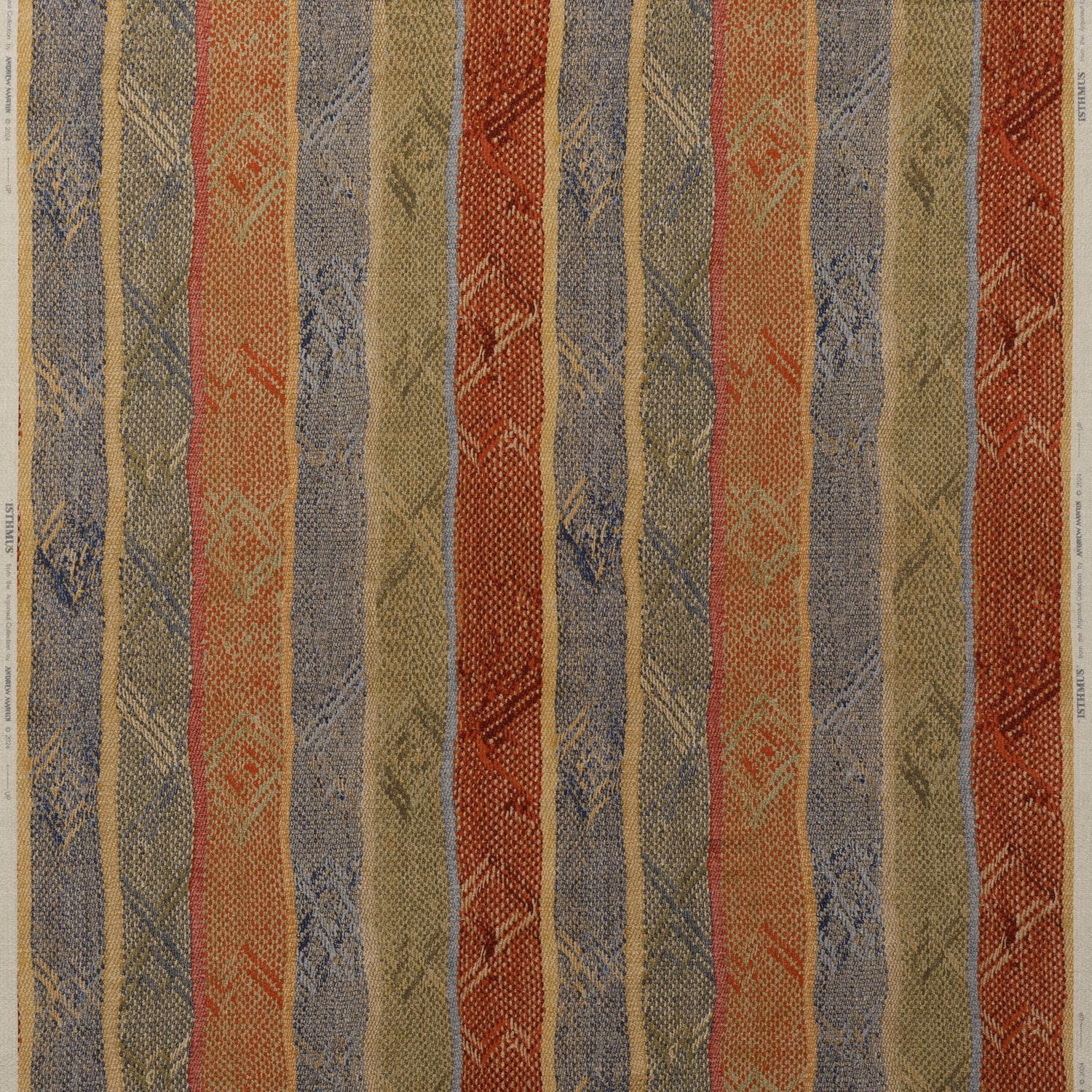 Brick red, olive and blue-grey striped weave with small geometric motifs