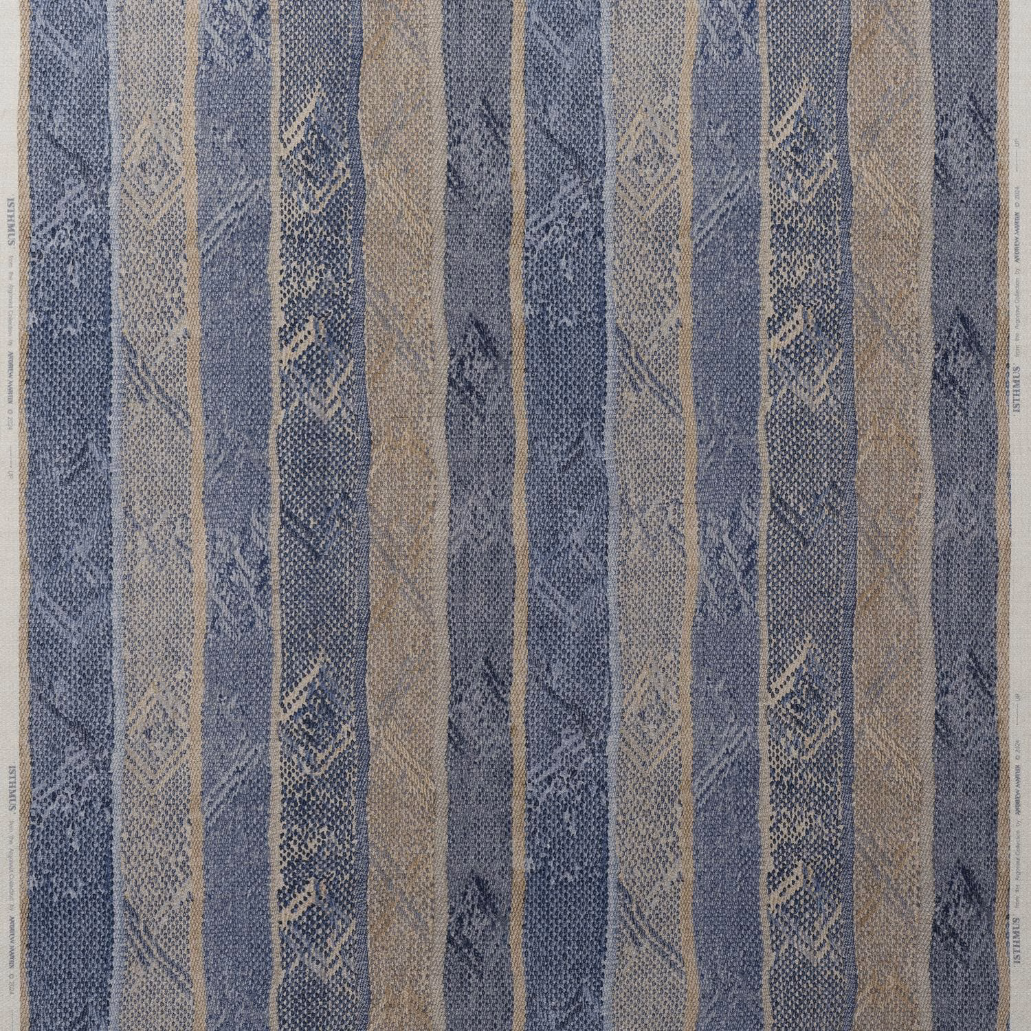 Muted denim-blue and sand stripes with small geometric woven motifs