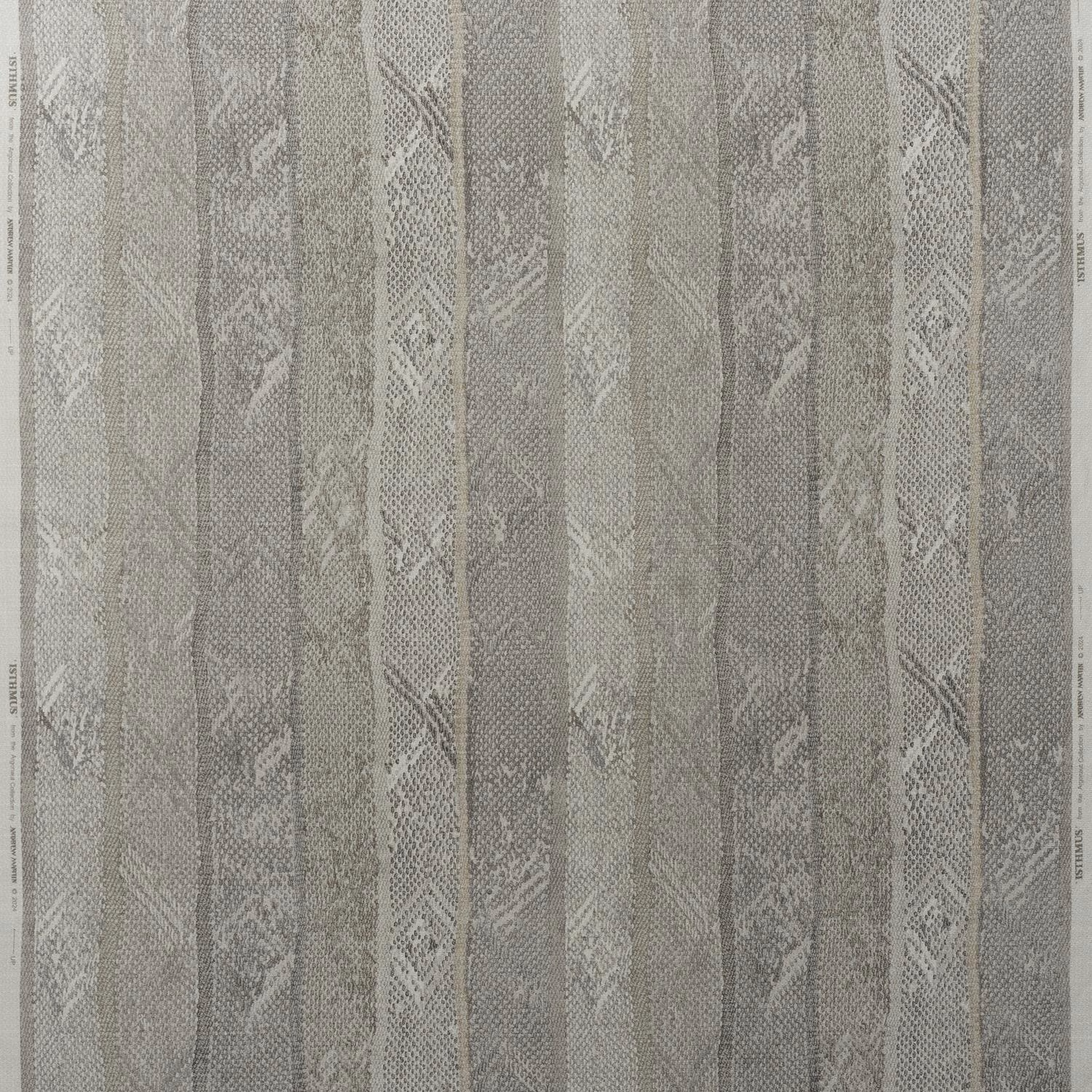 Smoky grey woven fabric with vertical bands and pale broken botanical motifs