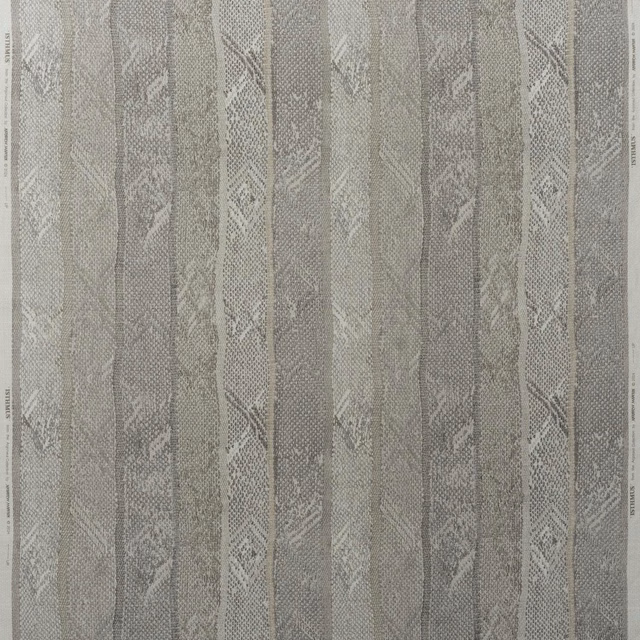 Smoky grey woven fabric with vertical bands and pale broken botanical motifs