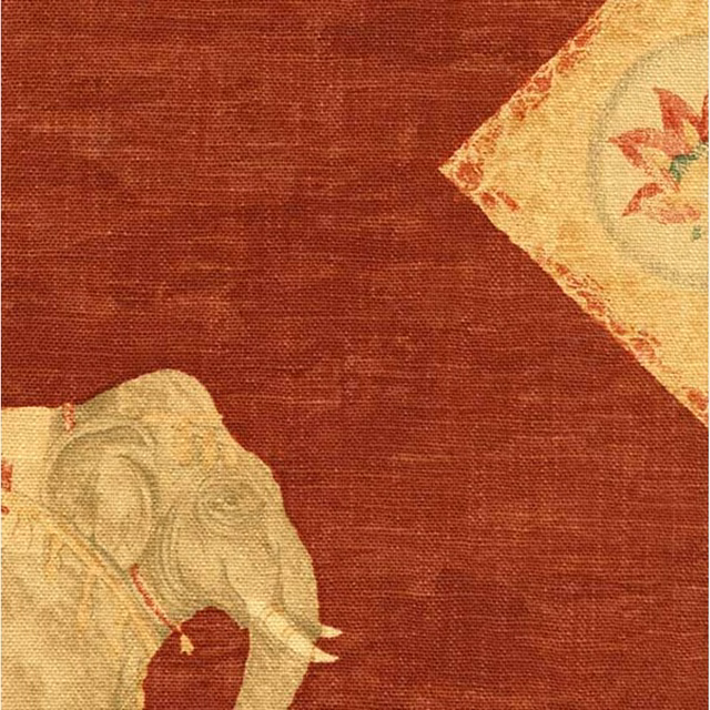 Deep brick-red woven fabric with large cream elephant and floral motifs