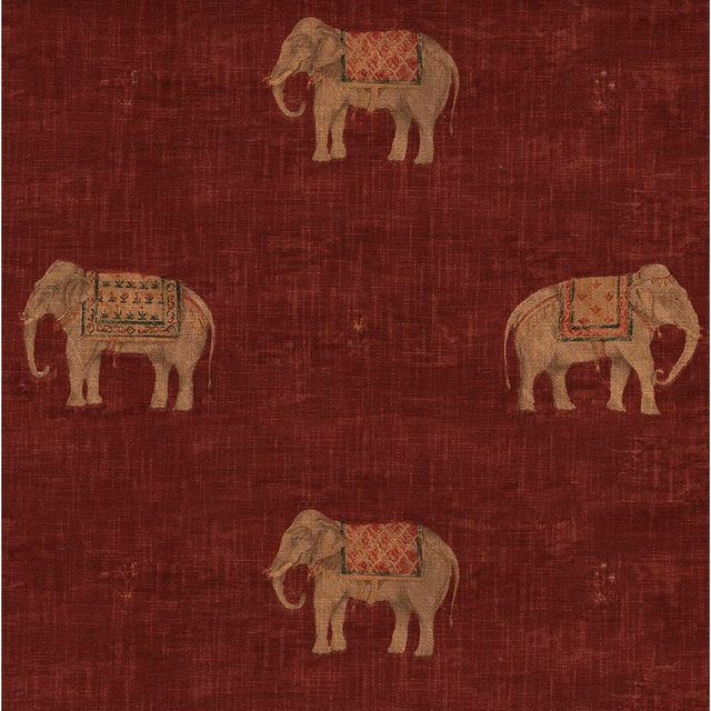 Deep burgundy textile with tan elephants and patterned saddle cloths