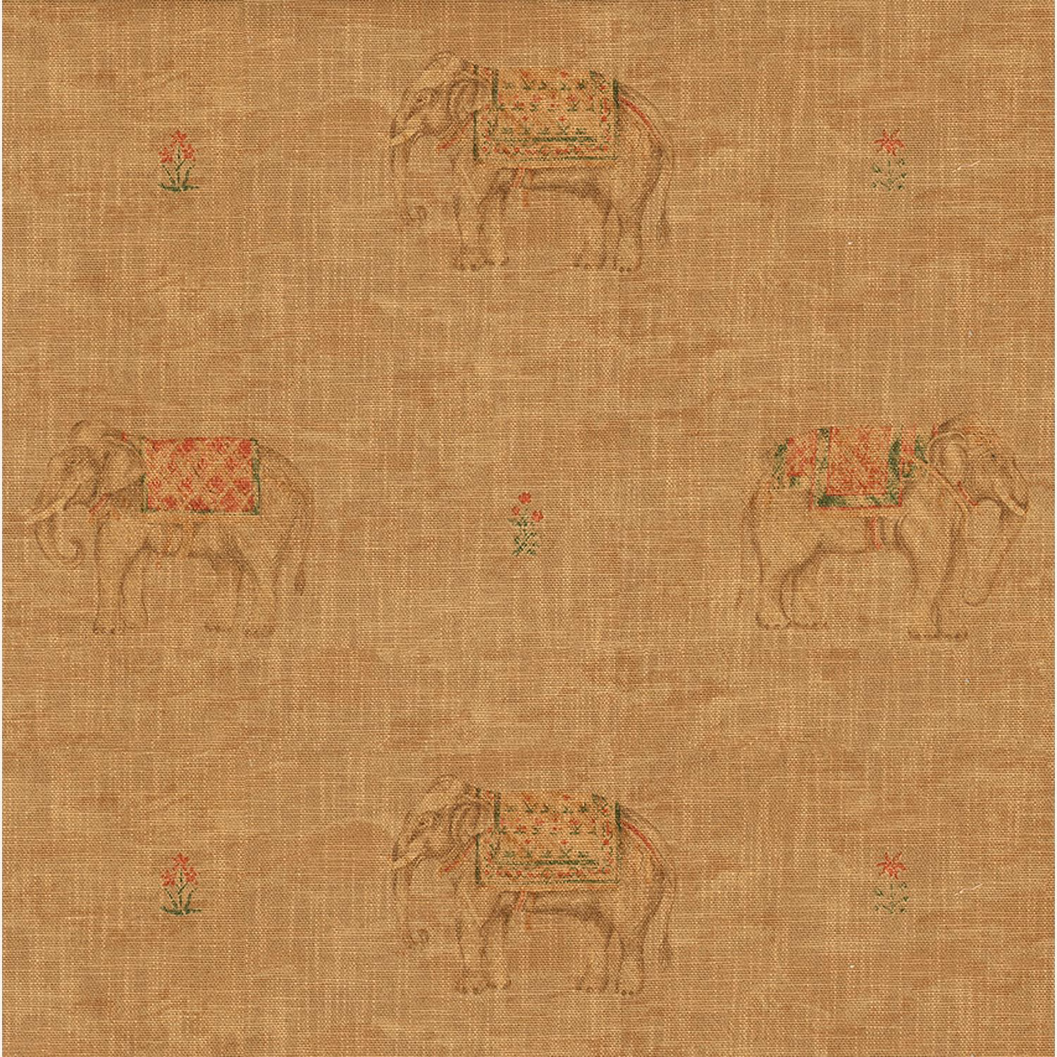 Warm sand woven fabric with spaced elephant motifs and red-green saddle details