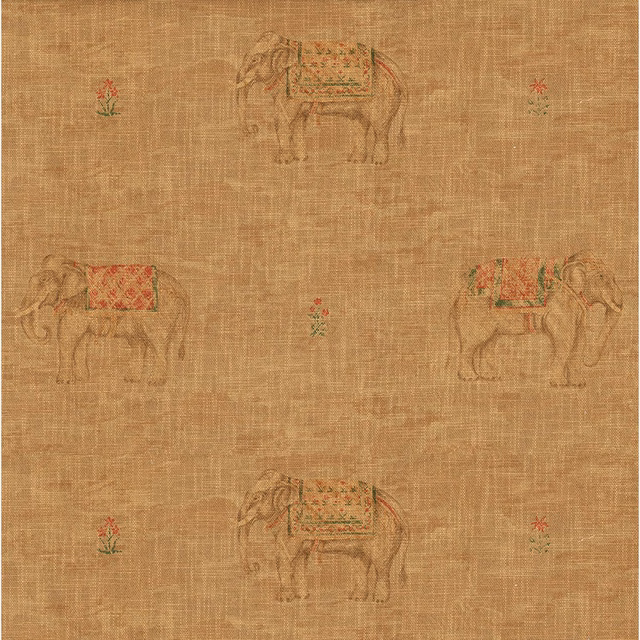 Warm sand woven fabric with spaced elephant motifs and red-green saddle details