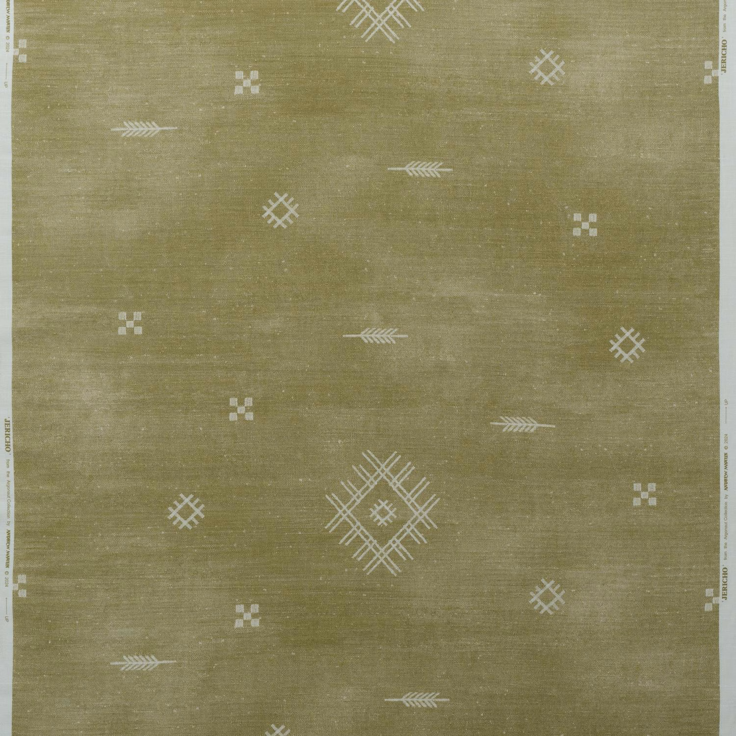 Muted olive woven fabric with scattered ivory diamonds, crosses and arrow motifs