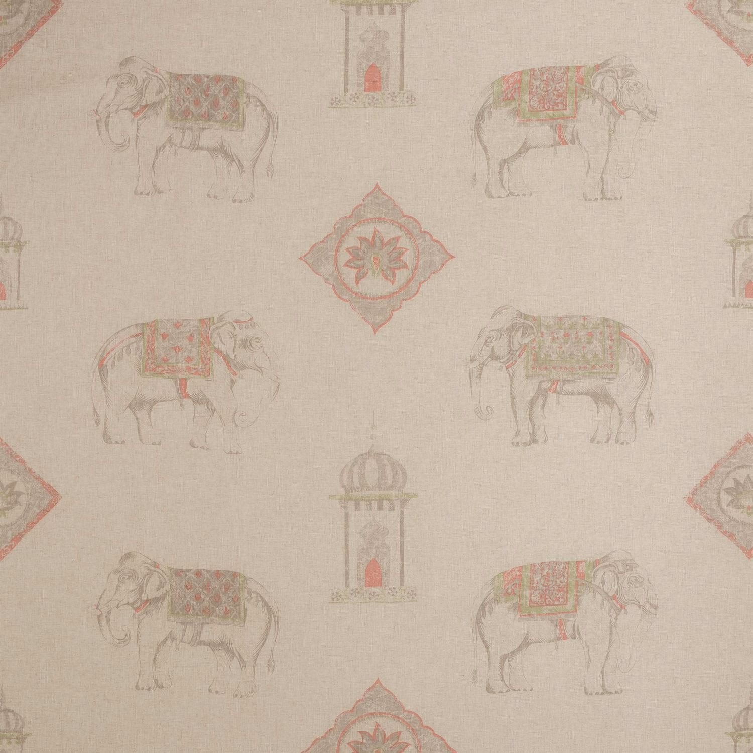 Oatmeal woven fabric with sketched elephants, coral saddles and ornate medallions