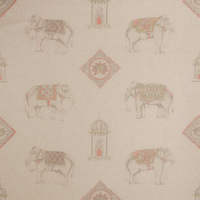 Oatmeal woven fabric with sketched elephants, coral saddles and ornate medallions