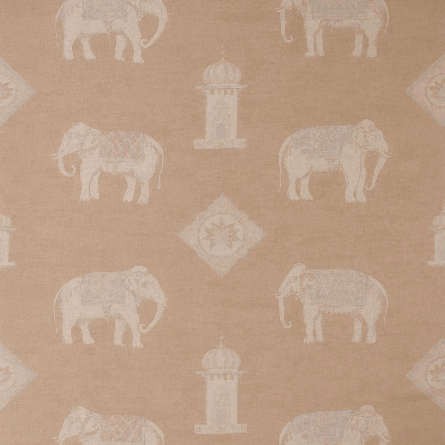 Warm plaster-beige woven fabric with ivory elephants, domed towers and floral diamond medallions