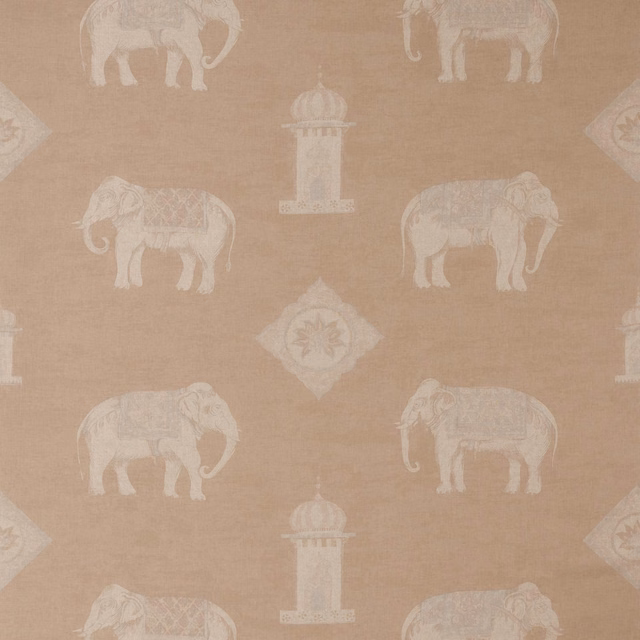 Warm plaster-beige woven fabric with ivory elephants, domed towers and floral diamond medallions