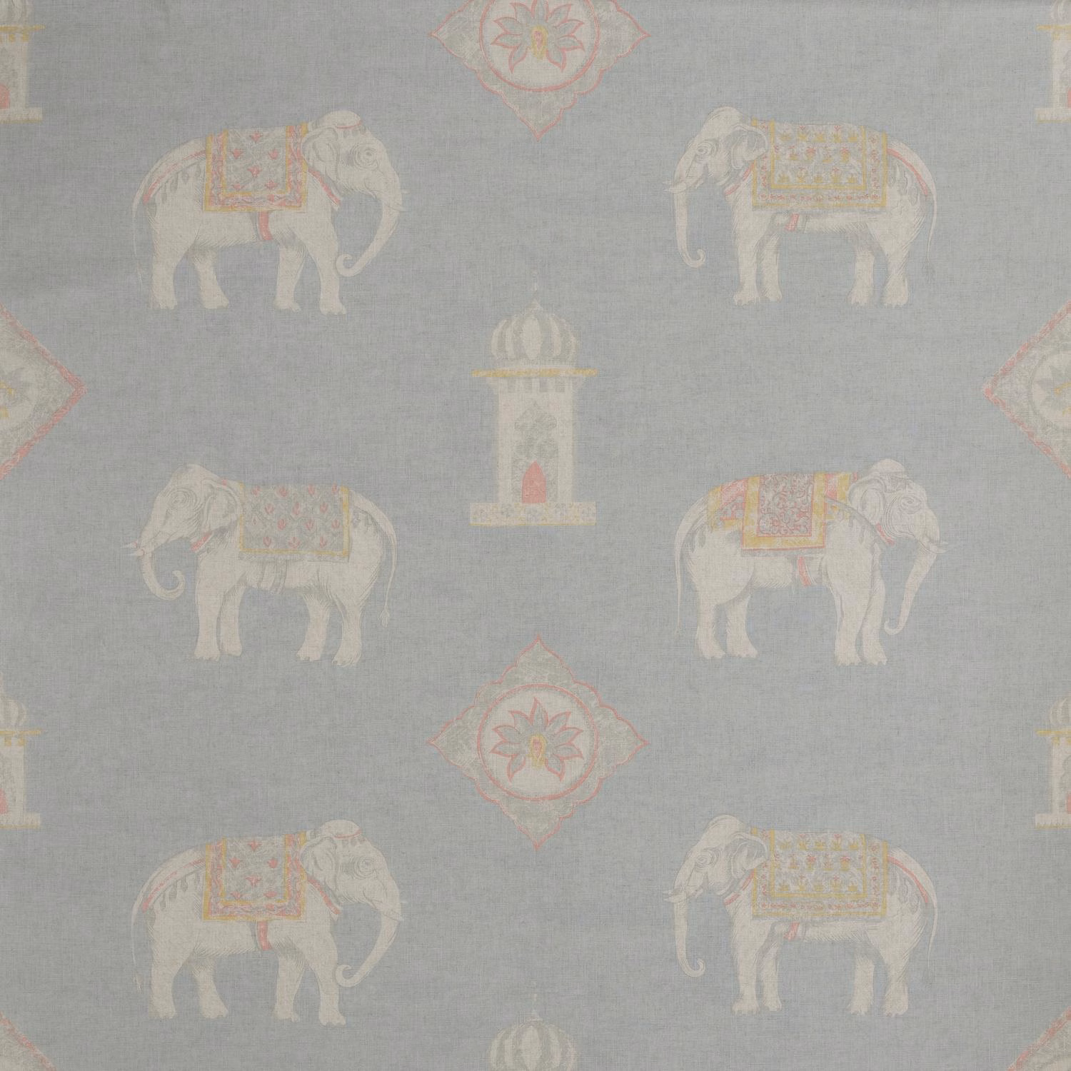 Misted powder blue-grey fabric with ivory elephants and faded coral saddle details