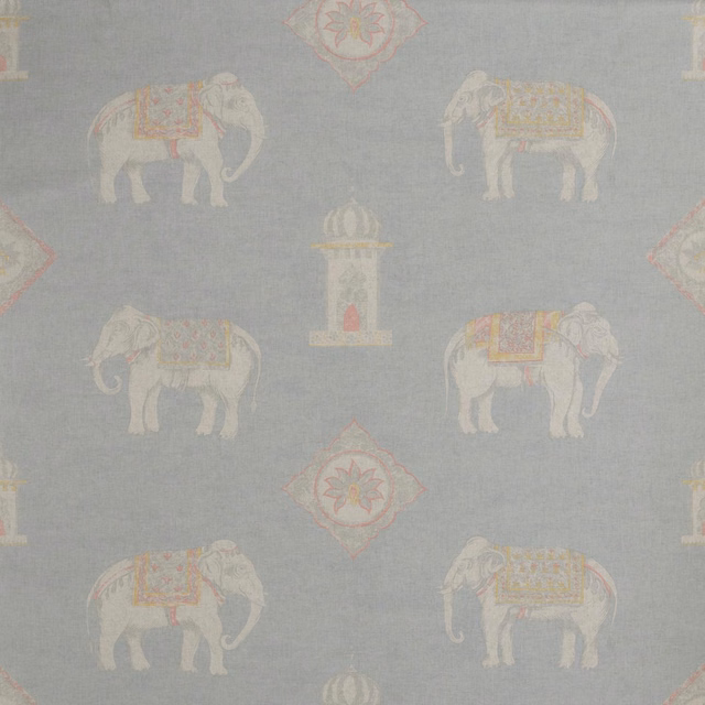 Misted powder blue-grey fabric with ivory elephants and faded coral saddle details