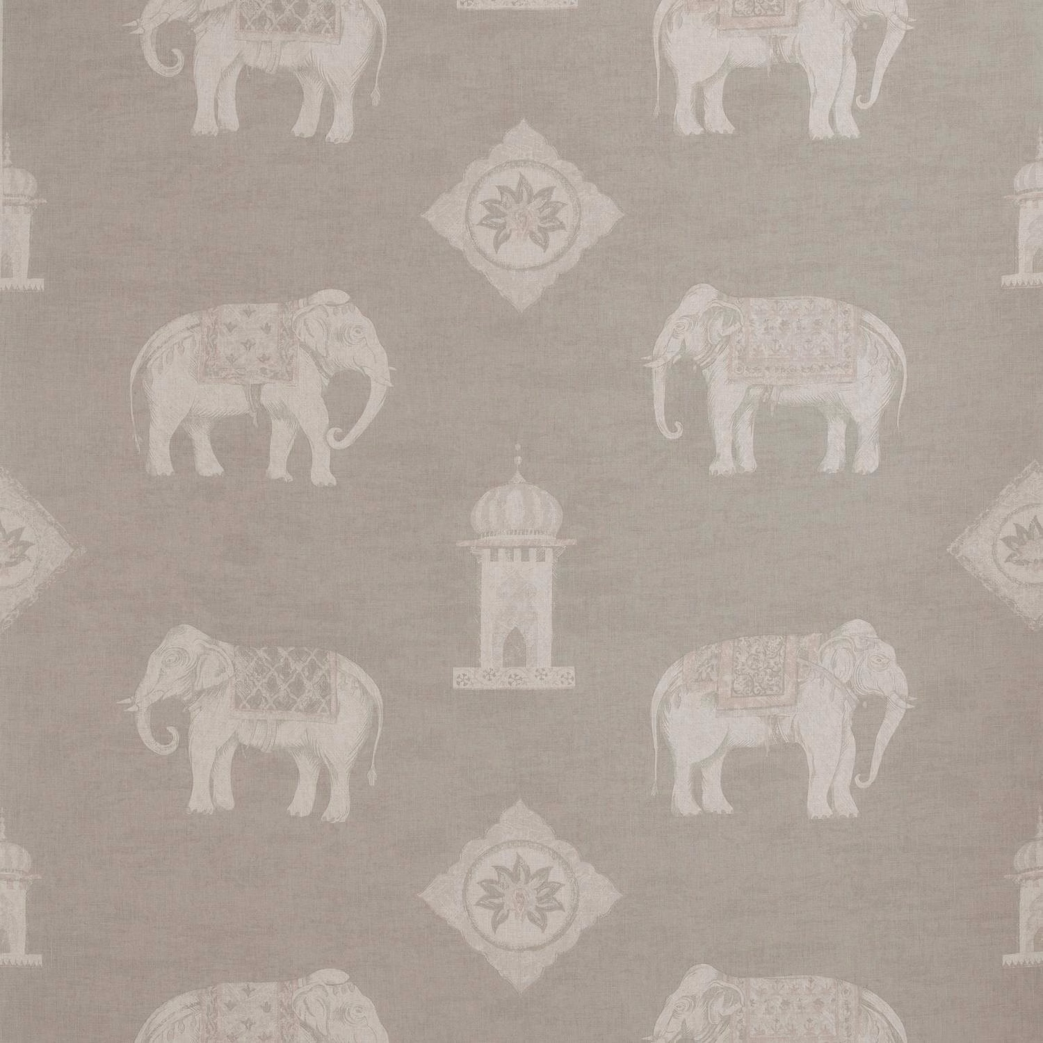 Stone-grey woven ground with ivory elephants, pavilions and diamond floral medallions