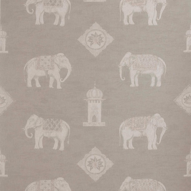 Stone-grey woven ground with ivory elephants, pavilions and diamond floral medallions