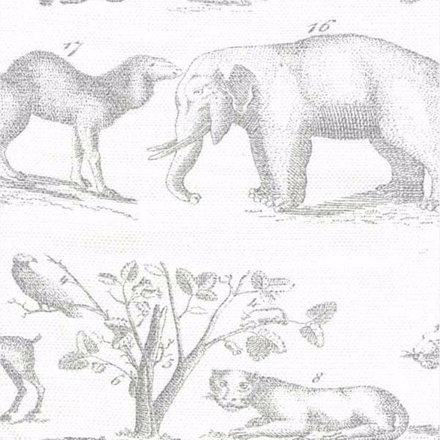 Cool grey fabric with engraved elephant, monkey, birds and botanical branches