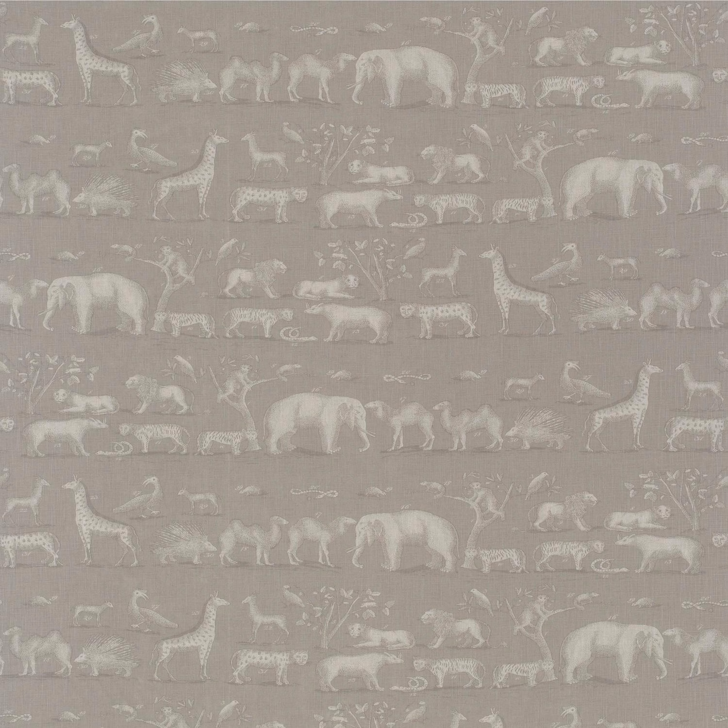 Muted taupe-grey woven fabric with pale elephants, giraffes and zebras