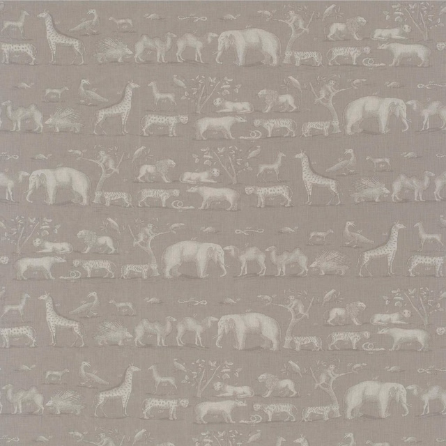 Muted taupe-grey woven fabric with pale elephants, giraffes and zebras