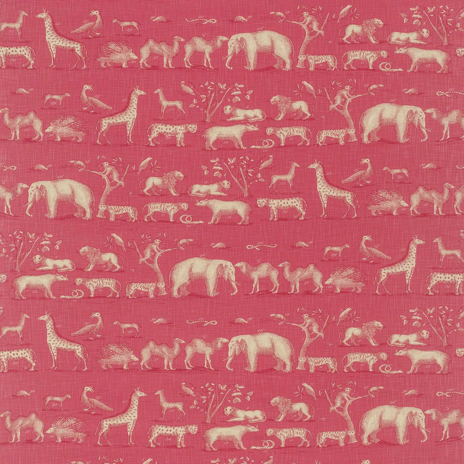 Raspberry pink animal print with cream elephants, giraffes and fine woven texture